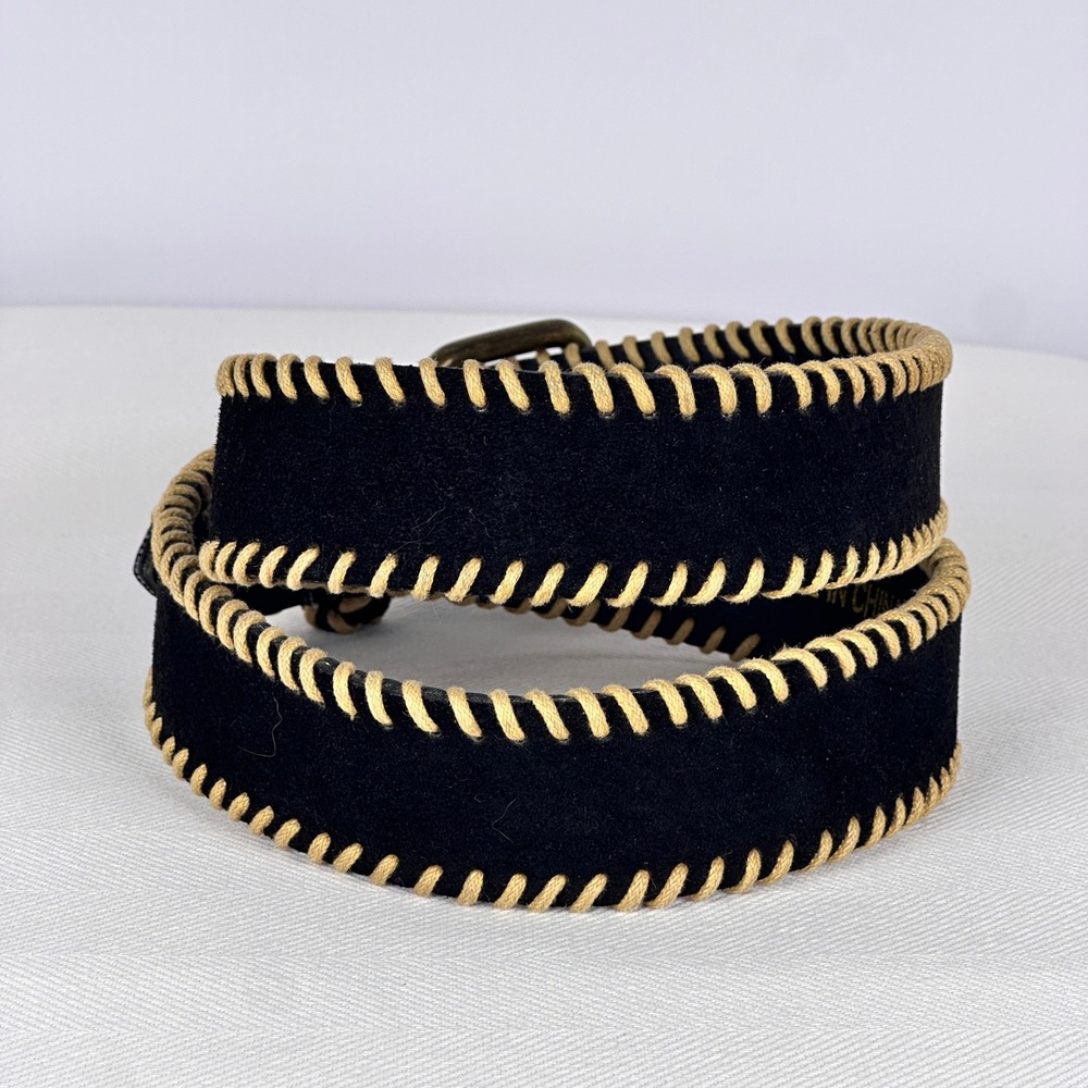 Whipstitch 90s Black Leather Belt Textural Vintage Suede Brass Hardware L - Picture 6 of 7